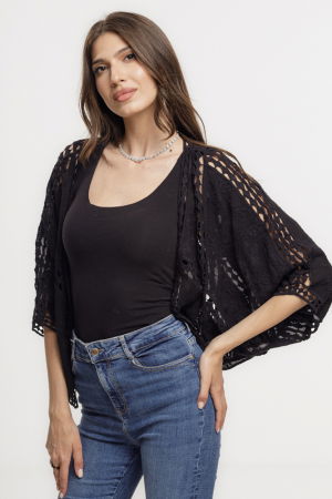 Cardigan lejer din bumbac, cu broderie sparta tip dantela, negru [1]