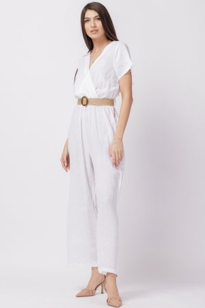 Pantaloni din In - Salopeta de vara, din in, cu bust petrecut si curea, alba