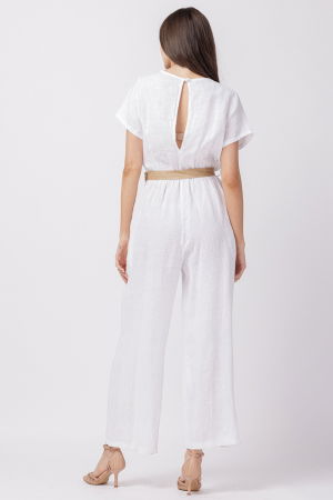 Salopeta de vara, din in, cu bust petrecut si curea, alba [1]