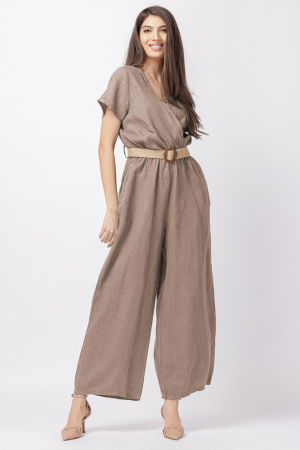 Pantaloni din In - Salopeta de vara, din in, cu bust petrecut si curea, bej inchis