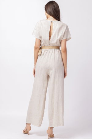 Salopeta de vara, din in, cu bust petrecut si curea, bej [1]