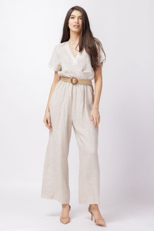 Pantaloni din In - Salopeta de vara, din in, cu bust petrecut si curea, bej