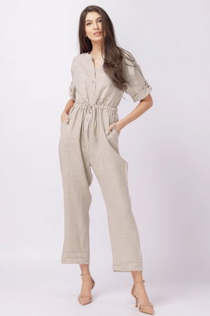 Pantaloni din In - Salopeta de vara, din in, cu cordon in talie, bej