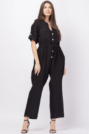 Salopeta de vara, din in, cu cordon in talie, neagra [1]