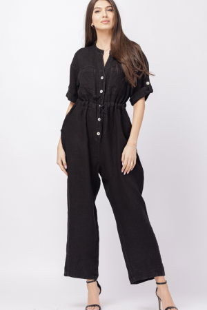 Pantaloni din In - Salopeta de vara, din in, cu cordon in talie, neagra