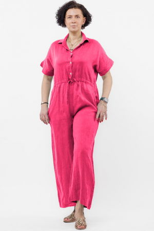 Salopeta de vara din in cu siret in talie si guler camasa, fucsia [1]