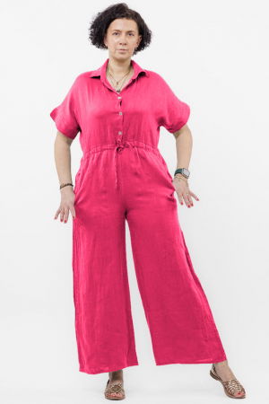 Îmbrăcăminte - Salopeta de vara din in cu siret in talie si guler camasa, fucsia