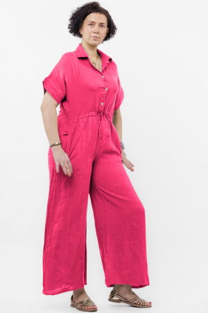 Salopeta de vara din in cu siret in talie si guler camasa, fucsia [2]