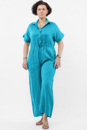 Salopeta de vara din in cu siret in talie si guler camasa, albastru azur [1]