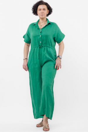 Salopeta de vara din in cu siret in talie si guler camasa, verde [1]