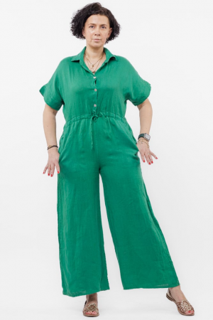 Pantaloni din In - Salopeta de vara din in cu siret in talie si guler camasa, verde