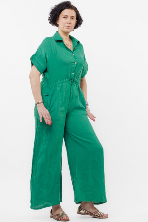 Salopeta de vara din in cu siret in talie si guler camasa, verde [2]