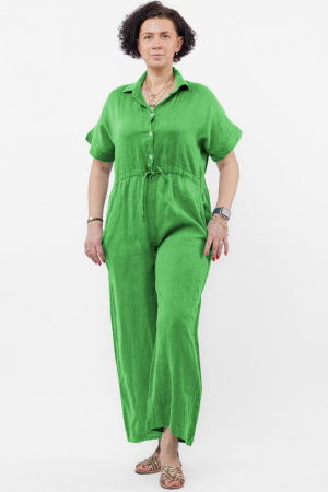 Salopeta de vara din in cu siret in talie si guler camasa, verde praz [1]