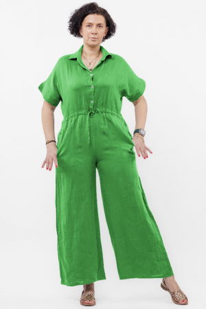Pantaloni din In - Salopeta de vara din in cu siret in talie si guler camasa, verde praz
