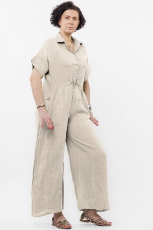 Salopeta de vara din in cu siret in talie si guler camasa, bej [2]