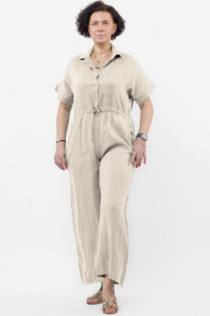 Salopeta de vara din in cu siret in talie si guler camasa, bej [1]