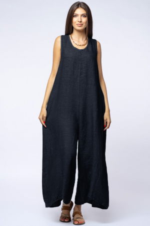 Salopeta de vara larga din in cu bretele late, bleumarin [1]