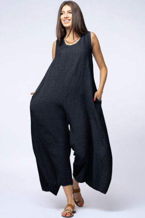 Pantaloni din In - Salopeta de vara larga din in cu bretele late, bleumarin