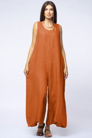 Pantaloni din In - Salopeta de vara larga din in cu bretele late, caramizie