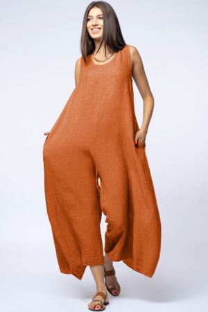 Salopeta de vara larga din in cu bretele late, caramizie [1]