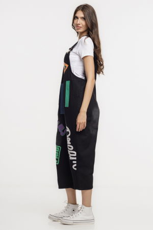 Salopeta oversized din denim negru cu aplicatii colorate si mesaje grafice, "Dream" [1]