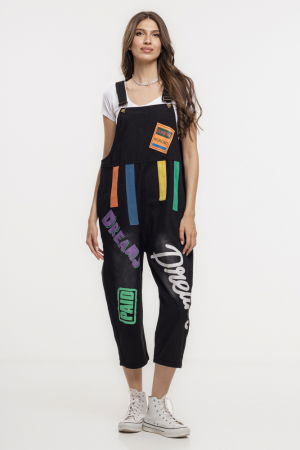 Pantaloni din In - Salopeta oversized din denim negru cu aplicatii colorate si mesaje grafice, "Dream"
