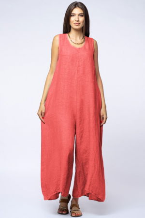 Pantaloni din In - Salopeta de vara larga din in cu bretele late, roz inchis