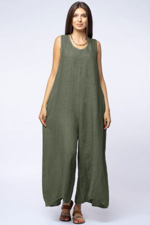 Pantaloni din In - Salopeta de vara larga din in cu bretele late, kaki