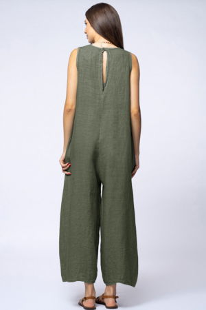 Salopeta de vara larga din in cu bretele late, kaki [2]