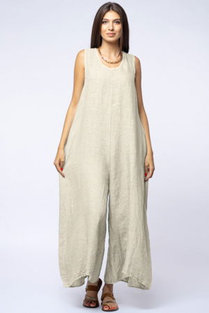 Salopeta de vara larga din in cu bretele late, bej deschis [1]