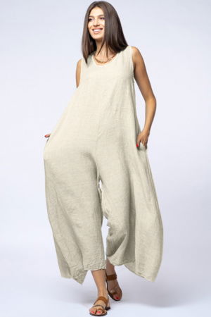Pantaloni din In - Salopeta de vara larga din in cu bretele late, bej deschis