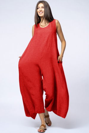 Pantaloni din In - Salopeta de vara larga din in cu bretele late, rosie