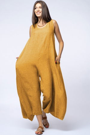 Îmbrăcăminte - Salopeta de vara larga din in cu bretele late, galben mustar