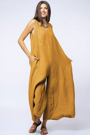 Salopeta de vara larga din in cu bretele late, galben mustar [2]