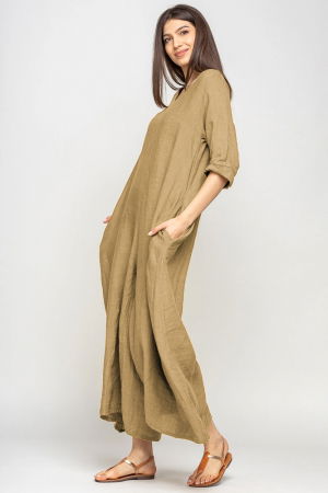 Salopeta de vara larga din in, cu maneci, camel [1]