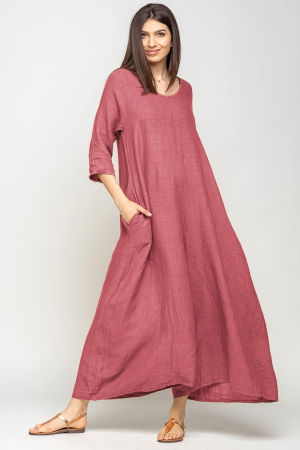 Pantaloni din In - Salopeta de vara larga din in, cu maneci, roz inchis