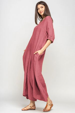 Salopeta de vara larga din in, cu maneci, roz inchis [1]