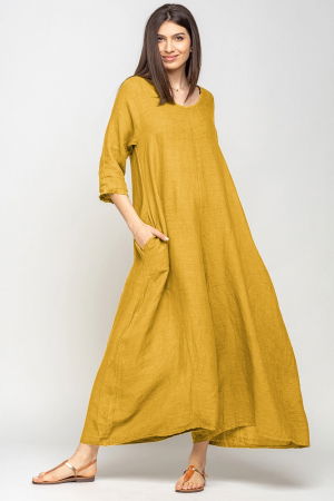 Pantaloni din In - Salopeta de vara larga din in, cu maneci, mustar deschis