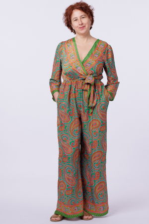 Pantaloni din Mătase si Vâscoză - Salopeta din matase indiana cu bust petrecut, verde si portocaliu