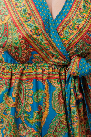 Salopeta din matase indiana cu bust petrecut, turcoaz, rosu si mustar [1]