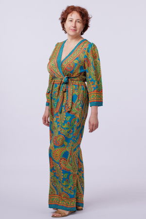 Salopeta din matase indiana cu bust petrecut, turcoaz, rosu si mustar [3]