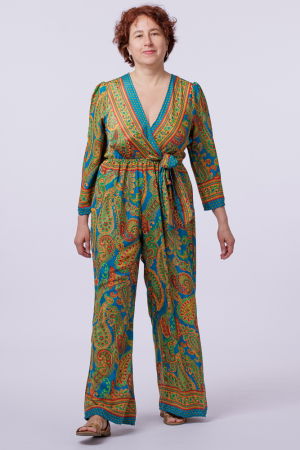Pantaloni din Mătase si Vâscoză - Salopeta din matase indiana cu bust petrecut, turcoaz, rosu si mustar