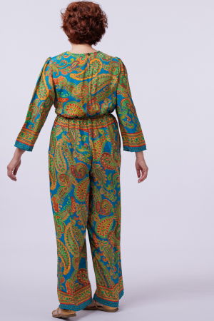 Salopeta din matase indiana cu bust petrecut, turcoaz, rosu si mustar [2]