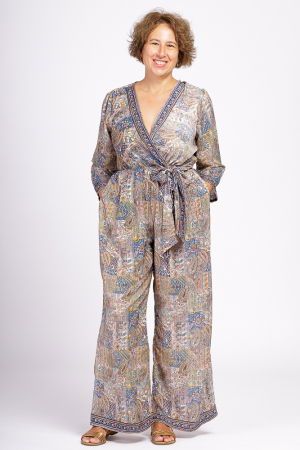 Pantaloni din Mătase si Vâscoză - Salopeta din matase indiana cu bust petrecut, bej si culori pastelate