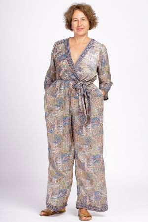 Salopeta din matase indiana cu bust petrecut, bej si culori pastelate [1]