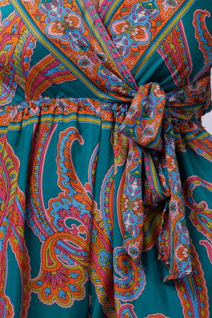Salopeta din matase indiana cu bust petrecut, turcoaz si portocaliu [3]