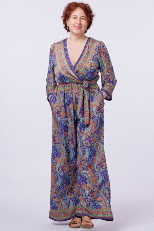 Pantaloni din Mătase si Vâscoză - Salopeta din matase indiana cu bust petrecut, albastru, verde si turcoaz