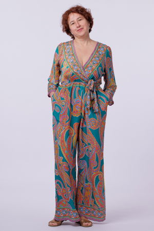 Salopeta din matase indiana cu bust petrecut, turcoaz si portocaliu [2]