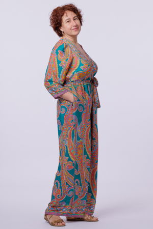 Pantaloni din Mătase si Vâscoză - Salopeta din matase indiana cu bust petrecut, turcoaz si portocaliu