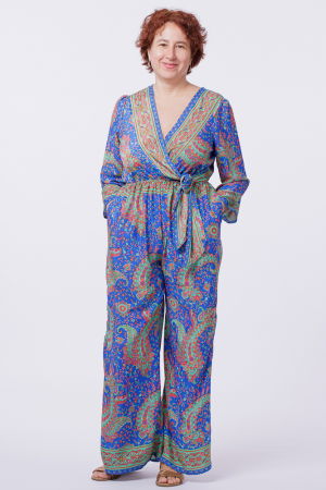 Pantaloni din Mătase si Vâscoză - Salopeta din matase indiana cu bust petrecut, verde menta si albastru